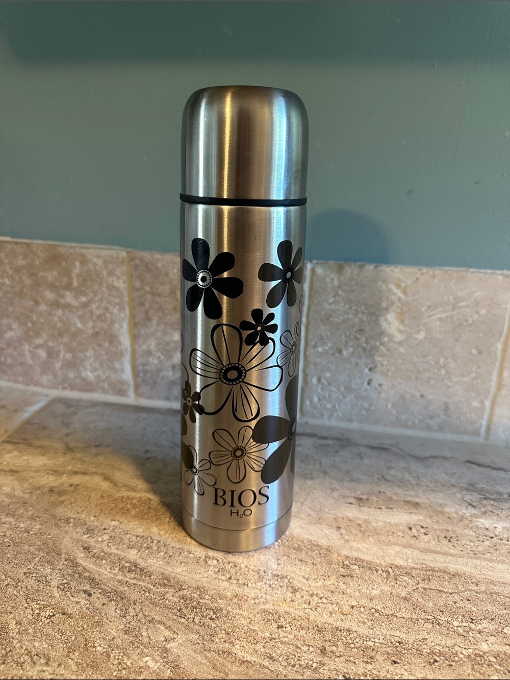 Stainless Steel Floral Insulated Bottle - Silver/Black